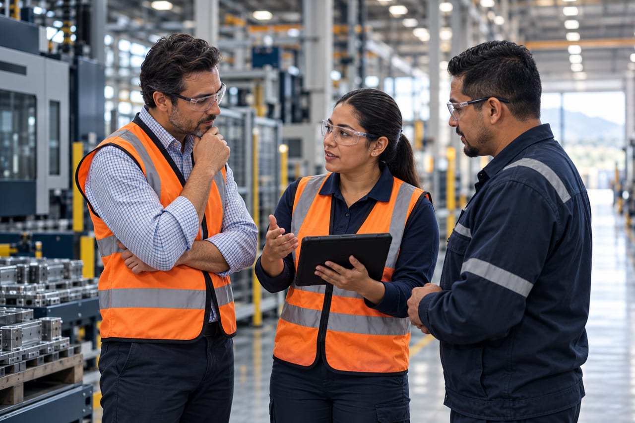 Field operator discussing a supplier verification visit with an international client and a facility representative